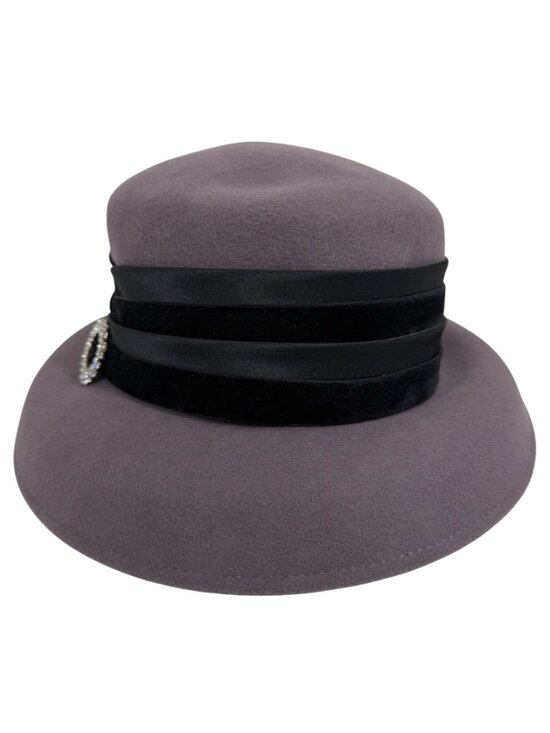 NWT ADORA Womens Wool Cloche Hat Black Velvet Satin Band Rhinestone Brooch main image 7